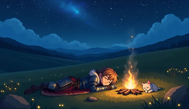 An anime-style fantasy night scene featuring a lone traveler sleeping peacefully beside a softly glowing campfire in an open meadow. The character, wearing detailed medieval armor with a fur-lined cloak, is lying on the soft grass with their eyes gently cl...