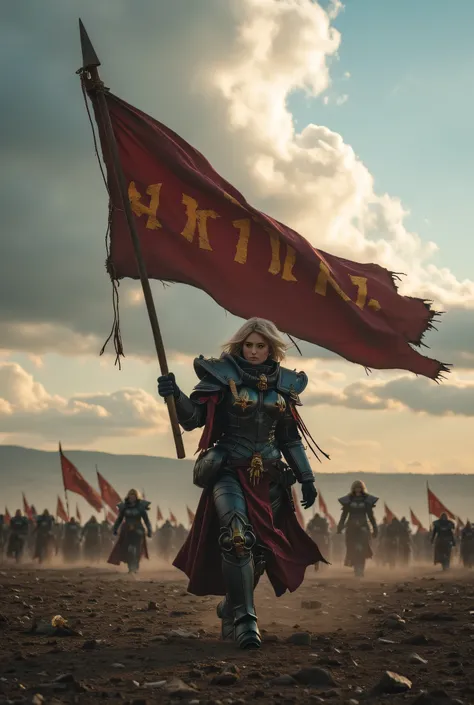 cinematic film still, low angle, ground up view, SisB40K walking dramatically towards camera on a battlefield, clad in power armor. Inher right hand, she holds a large, tattered flag with golden runes, fluttering dramatically in the wind. The background fe...
