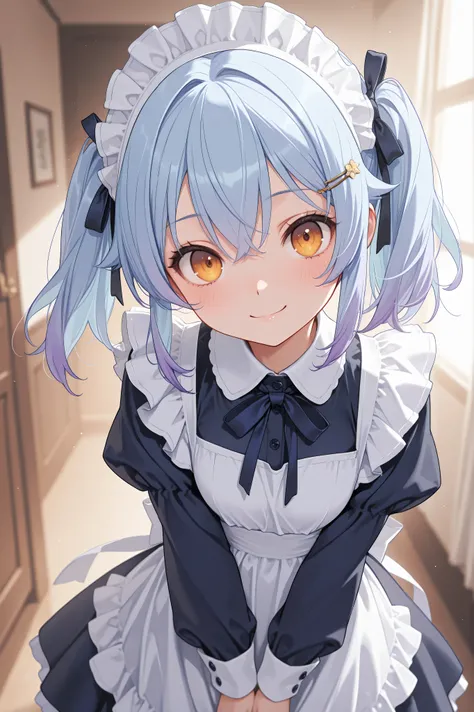 masterpiece, Best Quality, best image quality, 8K, girl, focus on upper body, short hair, TWIN TAILS, (beautiful light blue hair)), ((purple hair tips )), gradation, amber eyes, beautiful eyes,hairpin, smile, Navy Blue Maid Clothes, black tights,ful...