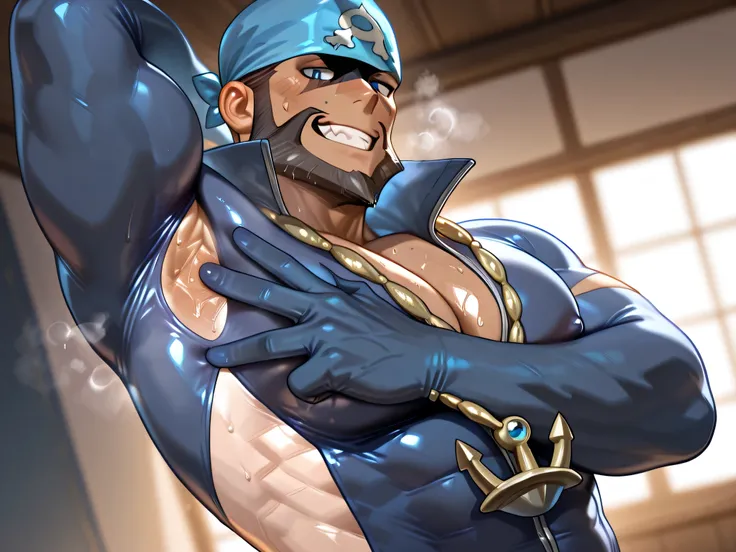 (archie-pkmn-ilxl), manly, masculine, mature, bara, muscular, strong jaw, defined muscles, facial hair, large pectorals, huge pectorals, bandana, anchor necklace, bodysuit, BREAK, v, spread armpit, presenting five fingers, armpit, arm up, armpit, lay hand ...