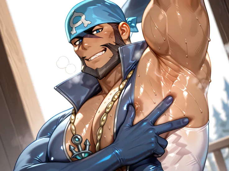 (archie-pkmn-ilxl), manly, masculine, mature, bara, muscular, strong jaw, defined muscles, facial hair, large pectorals, huge pectorals, bandana, anchor necklace, bodysuit, BREAK, v, spread armpit, presenting five fingers, armpit, arm up, armpit, lay hand ...