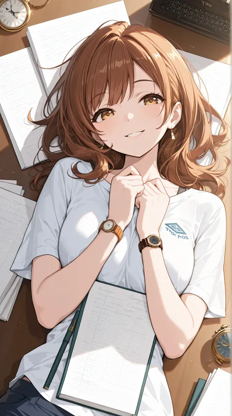 (Best Quality, masterpiece), one girl on her back, smile, , Tons of documents , watch viewers,upper body
