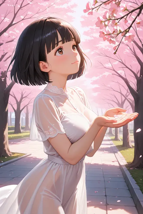 (pink theme),
1girl, standing, hands up, cupping hands, looking up, cowboy shot,
BREAK girl, 22yo, short hair, bob cut, ear, (blunt bangs), black hair, (tareme:1.2), detailed cute brown eyes, curled eyelashes, (large breasts:0.8),
beautiful eyes, beautifu...