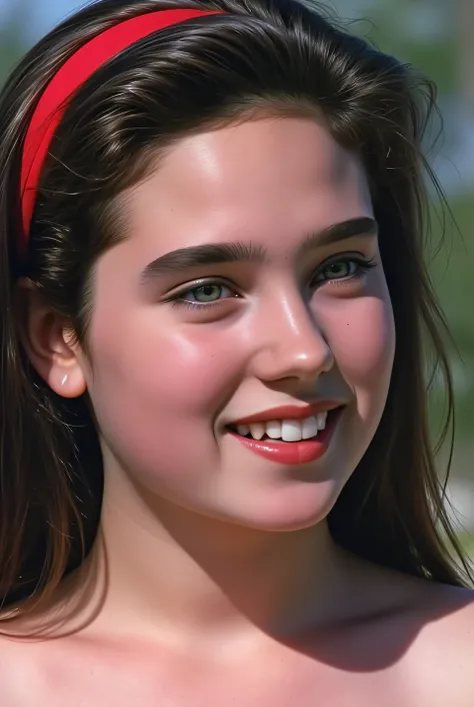 (masterpiece, best quality:1.3), 1 girl, (alone), face close-up photo showing pussy、Her beautiful profile ,
(( young Jennifer Connelly )),(At age 15 )、
She's naked、fresh smile、
she wears a bright red hair band.,
She's taking an open-air bath、
The ...