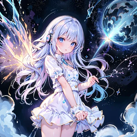 masterpiece, best quality, high quality, detailed, ultra detailed, hyper detailed, insanely detailed, exquisite, beautiful, Full-HD, 16K, highres, absurdres, star fairy idol, vtuber halfbody, star-themed headphones, space-patterned outfit, bangs shorter th...