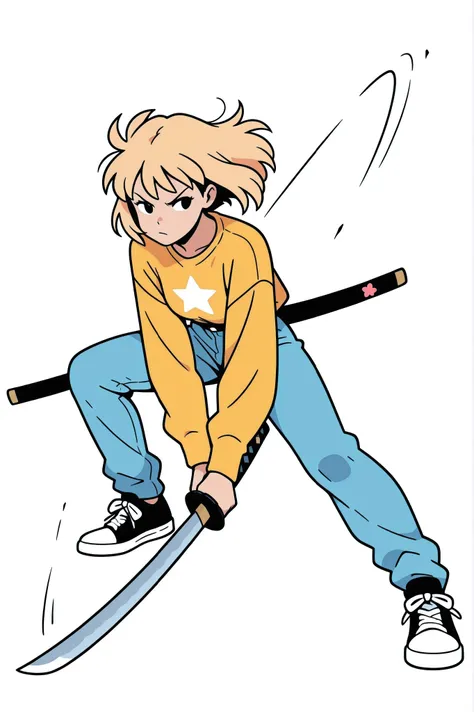 cartoon anime style, Girl with a katana, cartoon style, dynamic position, white background, streetwear, blond hair