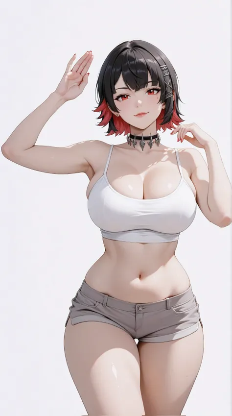masterpiece, extremely detailed, perfect skin texture, 4k, solo, 1girl, adult,((fullbody)), stand up, ellen joe, sexy legs, perfect body, large breasts, white tshirt, grey shorts, housewife, soft light, high detailed, best quality, midriff, navel, navel li...