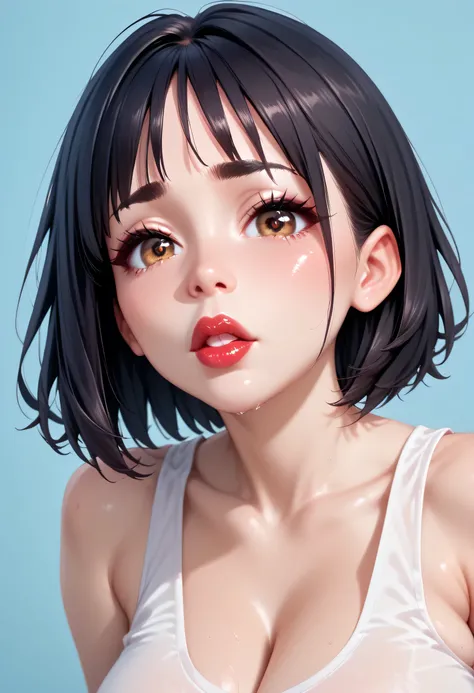 1girl, (perfect face), detailed pupils, feminine, ((large breasts)), white round tank top, looking at viewer, black hair, short hair, black eyebrows, thin eyebrows, brown eyes, big eyes, cry eyes, sad face, black eyeliners, thick lips, red lips, open lips,...