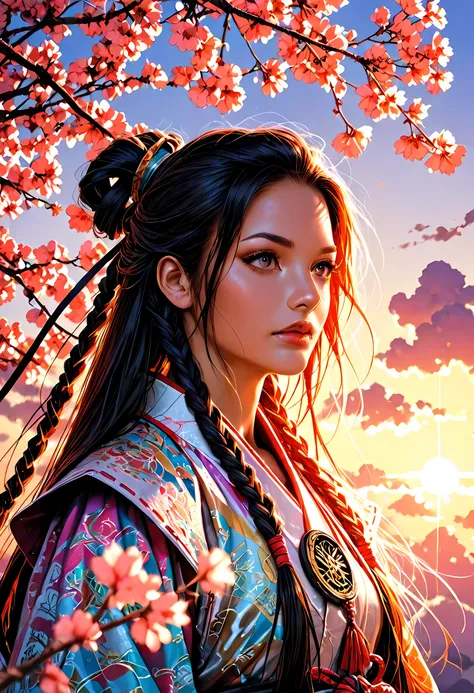 a woman samurai under the cherry tree at sunset, beautiful woman samurai, ultra feminine, long hair, braided hair, dynamic hair color, an epic cherry tree, many branches, colorful, the sun rays come between the leaves and branches, light reflection, it is ...