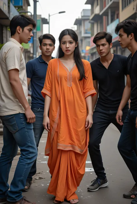 An urban street scene where three young men are surrounding and harassing a young woman dressed in an orange salwar kameez, who appears distressed.