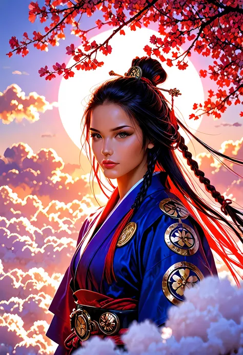 a woman samurai under the cherry tree at sunset, beautiful woman samurai, ultra feminine, long hair, braided hair, dynamic hair color, an epic cherry tree, many branches, colorful, the sun rays come between the leaves and branches, light reflection, it is ...