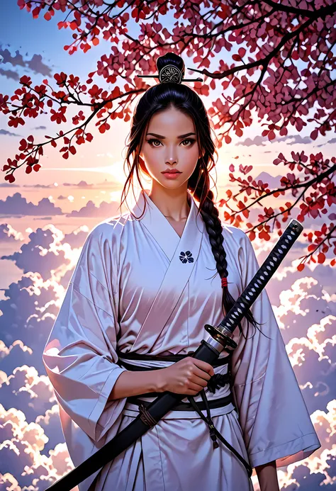 a woman samurai under the cherry tree at sunset, beautiful woman samurai, she holds an epic katana blade, the blade reflects light, ultra feminine, long hair, braided hair, dynamic hair color, an epic cherry tree, many branches, colorful, the sun rays come...