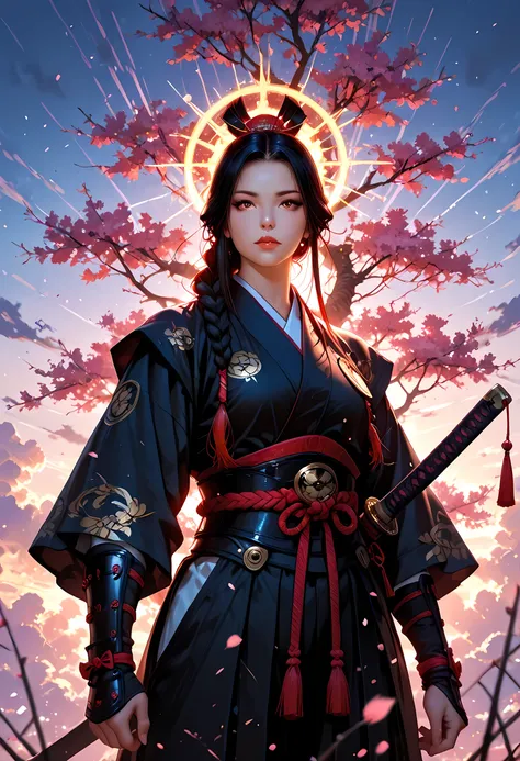 a woman samurai under the cherry tree at sunset, beautiful woman samurai, she holds an epic katana blade, the blade reflects light, ultra feminine, long hair, braided hair, dynamic hair color, an epic cherry tree, many branches, colorful, the sun rays come...