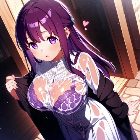 big-breasted 、Young girl、short、Small、has abnormally large breasts、 unbalanced body、1 girl,Young Fern、long hair, purple hair, Dull bangs, half up do, purple eyes,  Open Robe , long dress、(masterpiece),Best Quality,detailed eyes、outdoor、Voice comes out、It ma...