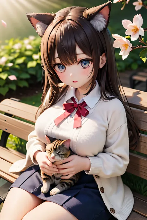 Best Quality、high resolution、(high image quality:1.4)、masterpiece、detailed background、(extremely detailed face:1.3)、(detailed eyes:1.3)、age beauty、(huge breasts:1.3)、anatomically correct、Perfect Body Line、Soft brown hair、
(Sleepy girl holding a cat on a pa...