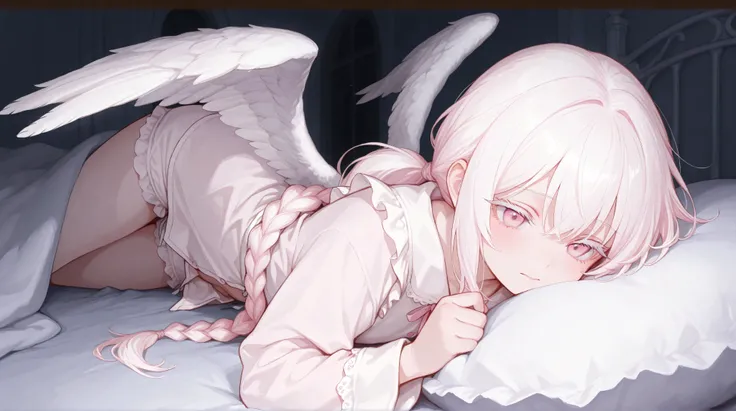 best quality,  masterpiece, 748cmstyle, 1 Girl, Light pink eyes, White hair,  Very long low double ponytail，twist braid，Light pink eyes， white eyelash ，in white pajamas，There are angel wings，little maid，lying in bed， one on the front and back