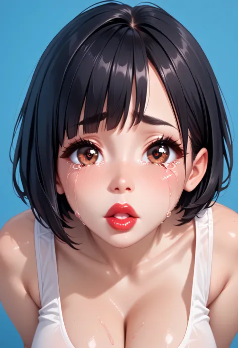 1girl, (perfect face), detailed pupils, feminine, ((large breasts)), white round tank top, looking at viewer, black hair, short hair, black eyebrows, thin eyebrows, brown eyes, (big eyes, crying eyes, sad face), black eyeliners, thick lips, red lips, (open...