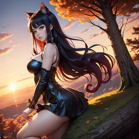 cheered up: A beautiful feline woman standing on top of a giant tree on top of a mountain surrounded by trees looking at the horizon. Wear a black outfit, Short skirt. Long black pink hair,curvy body. sunset, orange sun, vivid colors, red horizon,sunset. a...
