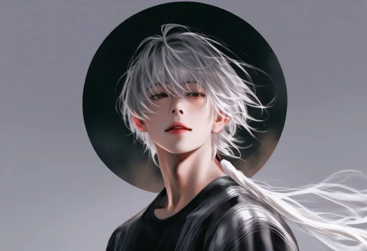 an anime style illustration,depicts a handsome young man,he has messy white hair, standing in the water 。the overall tone is gray and white,highlights muscle line details。uses high contrast lighting,creates a dramatic and atmospheric picture。similar style[...