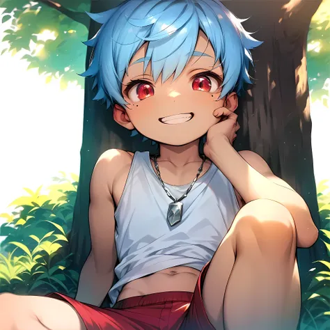 (score_9, score_8_up), (perfect face), (detailed face:1.3), (detailed eyes:1.3), cute eyes, shiny eyes, (masterpiece eyes), (cute face:1.2), (shota:1.5), (sitting with knee up:1.3), (arched back), (one hand on cheek:1.2), BREAK (white tank top), (red short...