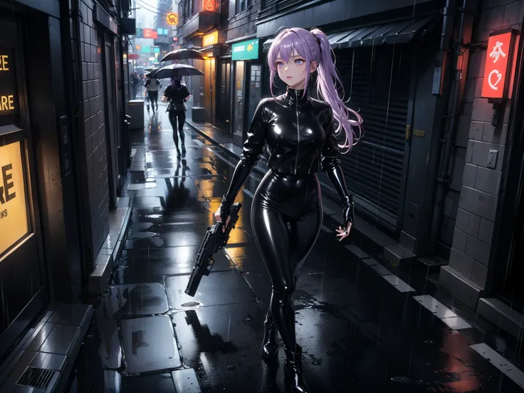 (Masterpiece, best quality, Detailed), a chic, Alone, walking, seen from above, (Holds a gun with his hand), ojos Detaileds, purple eyes shirt, Lavender hair short ponytail, Love, Medium breasts, ((black latex bodysuit)), (black gloves, ((shiny black leggi...
