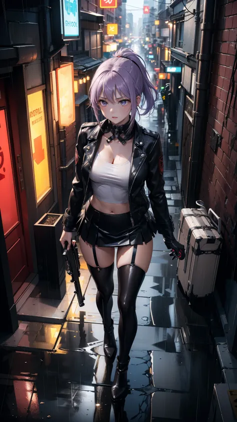 (Masterpiece, best quality, Detailed), a chic, Alone, walking, ((seen from above)), (Holds a gun with his hand), ojos Detaileds, purple eyes shirt, Lavender hair short ponytail, Love, Medium breasts, ((harness on the torso)), ((gun holster on her thigh)), ...
