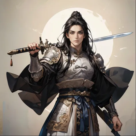 (Best Quality,4K,8k,high resolution,masterpiece:1.2,Oil Painting Honoring Heroes:1.3),super detailed,(super fine illustration),(((An ancient Chinese man in armor holding a long sword))),Age 30,Heroes of the Three Kingdoms,handsome man:1.3,tall,Xiaoyan,Perf...