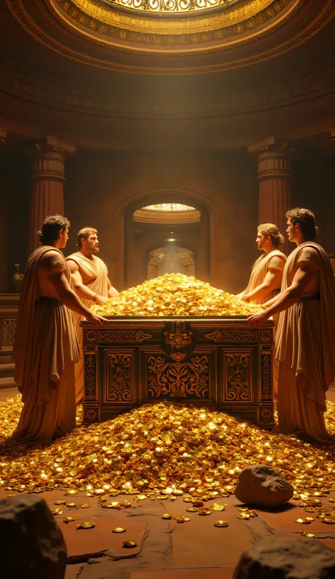 **Prompt:** Create a hyperrealistic digital artwork set during the ancient Greek era, depicting a vast treasure vault flooded with billions in treasure. The scene captures several ancient Greek patriarchs, clad in ornate togas, as they valiantly hold open ...