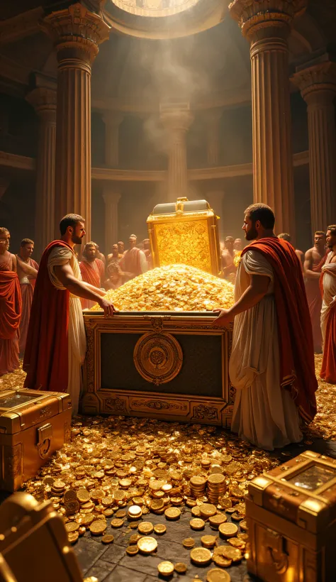 **Prompt:** Create a hyperrealistic digital artwork set during the ancient Greek era, depicting a vast treasure vault flooded with billions in treasure. The scene captures several ancient Greek patriarchs, clad in ornate togas, as they valiantly hold open ...