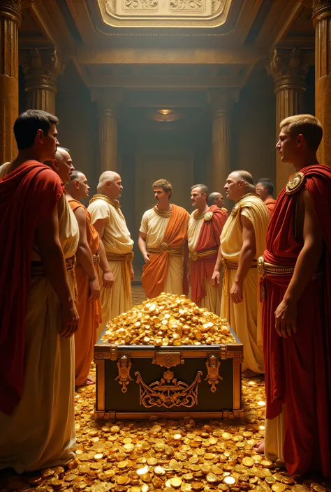 **Prompt:** Create a hyperrealistic digital artwork set during the ancient Greek era, depicting a vast treasure vault flooded with billions in treasure. The scene captures several ancient Greek patriarchs, clad in ornate togas, as they valiantly hold open ...