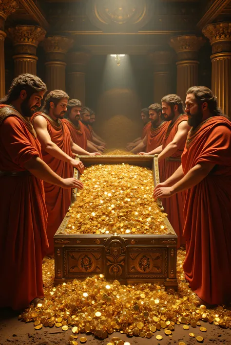 **Prompt:** Create a hyperrealistic digital artwork set during the ancient Greek era, depicting a vast treasure vault flooded with billions in treasure. The scene captures several ancient Greek patriarchs, clad in ornate togas, as they valiantly hold open ...