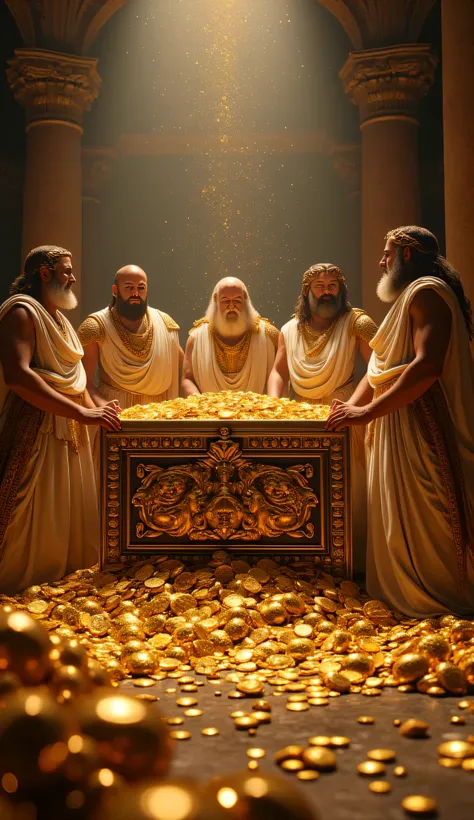 **Prompt:** Create a hyperrealistic digital artwork set during the ancient Greek era, depicting a vast treasure vault flooded with billions in treasure. The scene captures several ancient Greek patriarchs, clad in ornate togas, as they valiantly hold open ...