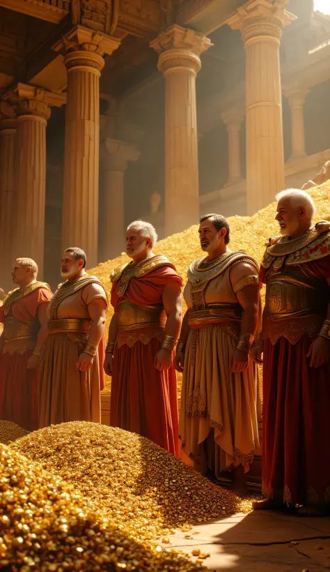 **Prompt:** Create a hyperrealistic digital artwork set during the ancient Greek era, depicting a vast treasure vault flooded with billions in treasure. The scene captures several ancient Greek patriarchs, clad in ornate togas, as they valiantly hold open ...
