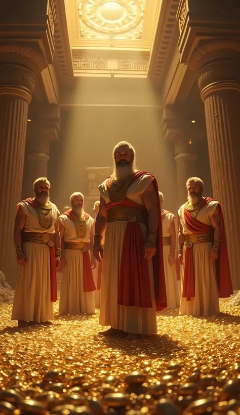 **Prompt:** Create a hyperrealistic digital artwork set during the ancient Greek era, depicting a vast treasure vault flooded with billions in treasure. The scene captures several ancient Greek patriarchs, clad in ornate togas, as they valiantly hold open ...