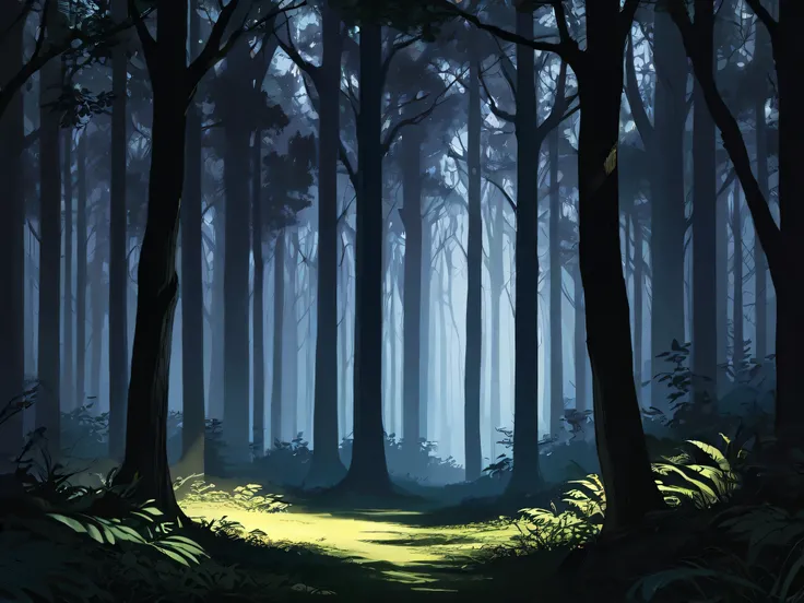 Composition with a view of the forest from the outside It's dark all around