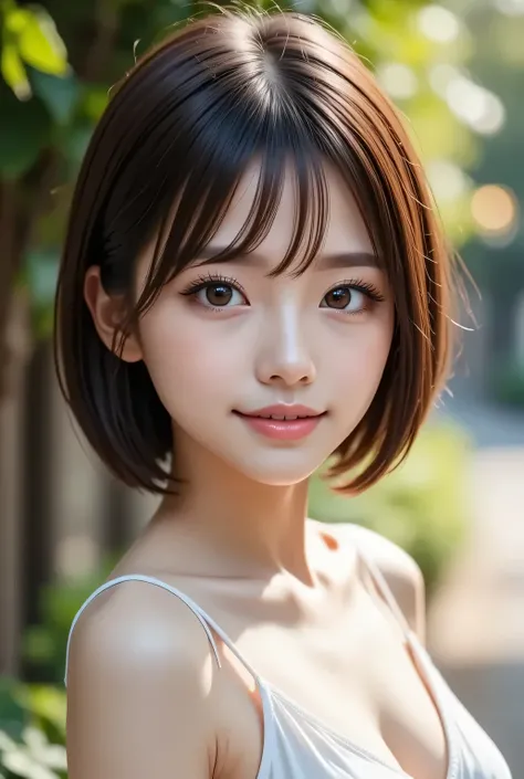 masterpiece , high quality, super detail, super high image quality, 8k，16k，32K, 最high quality , Detailed Faces, Detailed brown eyes，18 year old girl，cute face, Bangs，Half Smile  , Outdoors，Viewer
