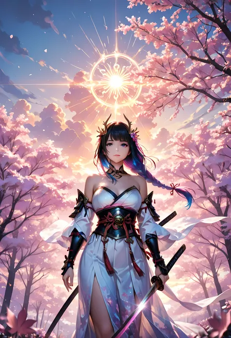 a woman samurai under the cherry tree at sunset, beautiful woman samurai, she holds an epic katana blade, the blade reflects light, ultra feminine, long hair, braided hair, dynamic hair color, an epic cherry tree, many branches, colorful, the sun rays come...