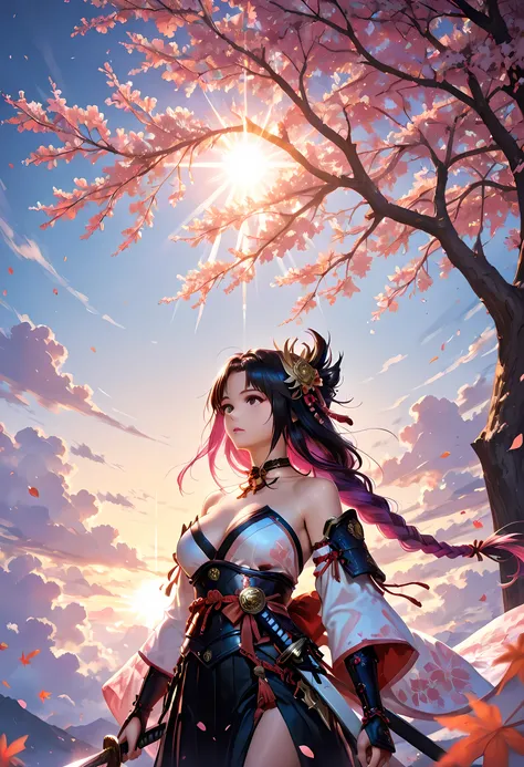 a woman samurai under the cherry tree at sunset, beautiful woman samurai, she holds an epic katana blade, the blade reflects light, ultra feminine, long hair, braided hair, dynamic hair color, an epic cherry tree, many branches, colorful, the sun rays come...