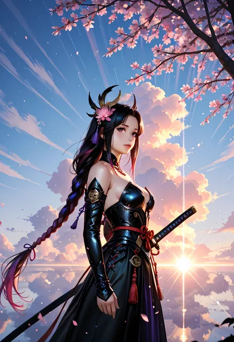 a woman samurai under the cherry tree at sunset, beautiful woman samurai, she holds an epic katana blade, the blade reflects light, ultra feminine, long hair, braided hair, dynamic hair color, an epic cherry tree, many branches, colorful, the sun rays come...