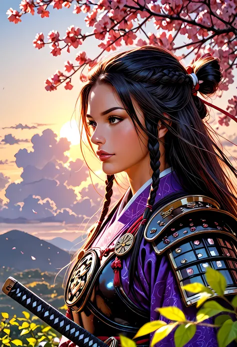 a woman samurai under the cherry tree at sunset, beautiful woman samurai, she holds an epic katana blade, the blade reflects the sun, ultra feminine, long hair, braided hair, dynamic hair color, an epic cherry tree, wearing armor, many branches, colorful, ...