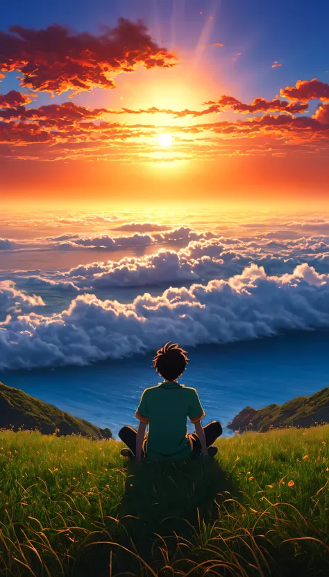 High quality, 8K Ultra HD. The image shows a boy sitting anime watching
The terrifying ocean at sunrise from a grassy hill, with a background of vibrant blue sky and red and orange hues of the sun. anime art wallpaper 4k, arte digital de Shen Che-Tsai, p...