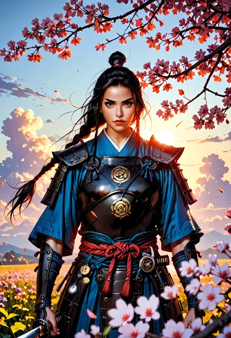 a woman samurai under the cherry tree at sunset, beautiful woman samurai, she holds an epic katana blade, the blade reflects the sun, ultra feminine, long hair, braided hair, dynamic hair color, an epic cherry tree, wearing armor, many branches, colorful, ...