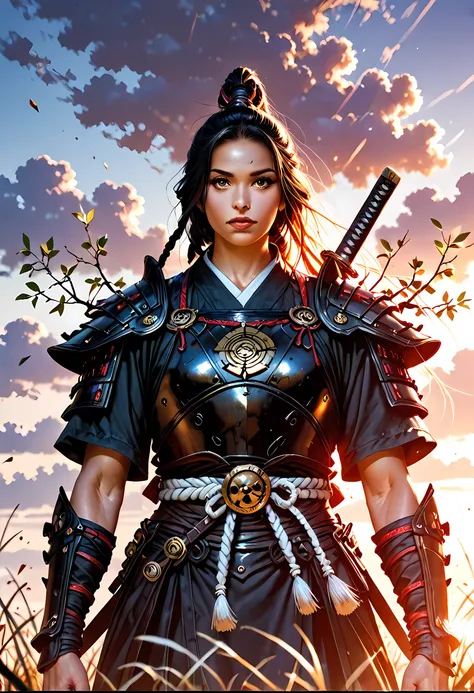 a woman samurai under the cherry tree at sunset, beautiful woman samurai, she holds an epic katana blade, the blade reflects the sun, ultra feminine, long hair, braided hair, dynamic hair color, an epic cherry tree, wearing armor, many branches, colorful, ...