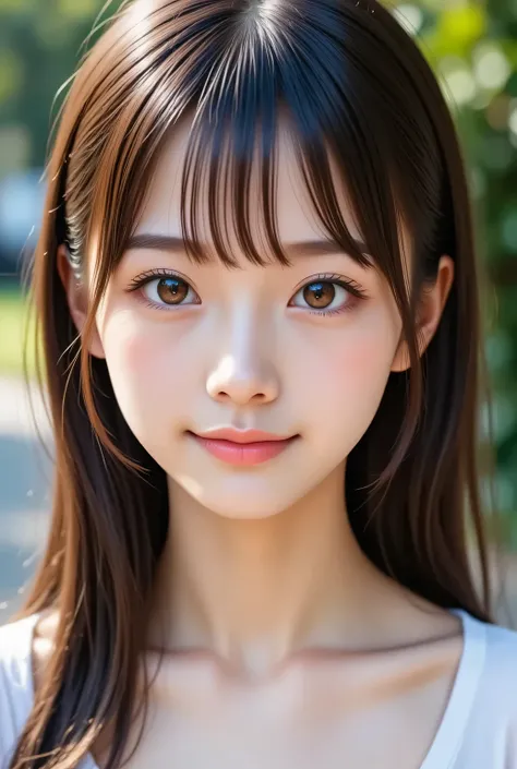 masterpiece , high quality, super detail, super high image quality, 8k，16k，32K, 最high quality , Detailed Faces, Detailed brown eyes， well-groomed eyebrows，18 year old girl，cute face, Bangs，wave hair，Half Smile  , Outdoors，Viewer
