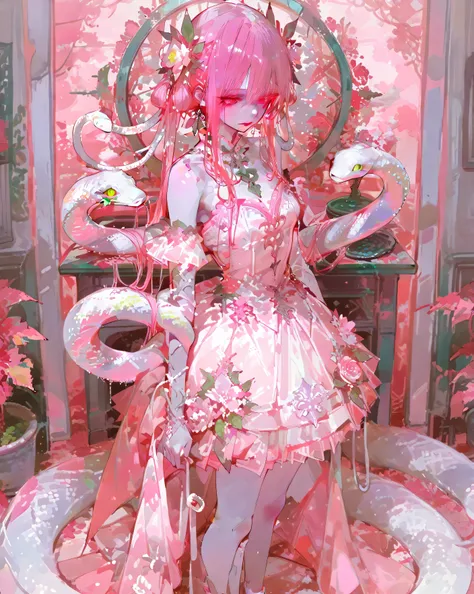 A mystical female figure, standing full-length, with magical facial features. She has pale skin, luminous pink eyes and expressive red lips. Her hair is a complex locks of soft pink color, decorated with flowers, leaves and decorative elements. Snakes wit...