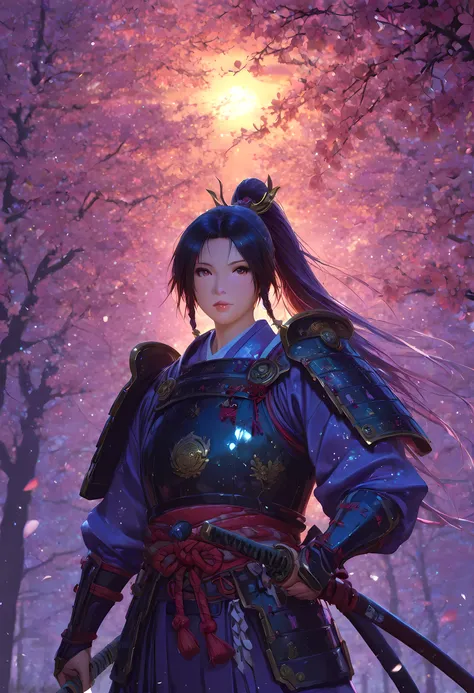 a woman samurai under the cherry tree at sunset, beautiful woman samurai, she holds an epic katana blade, the blade reflects the sun, ultra feminine, long hair, braided hair, dynamic hair color, an epic cherry tree, wearing armor, many branches, colorful, ...