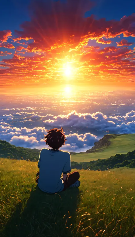 High quality, 8K Ultra HD. The image shows a boy sitting anime watching
The terrifying ocean at sunrise from a grassy hill, with a background of vibrant blue sky and red and orange hues of the sun. Frente a él, un océano de nubes esponjosas se extiende ...