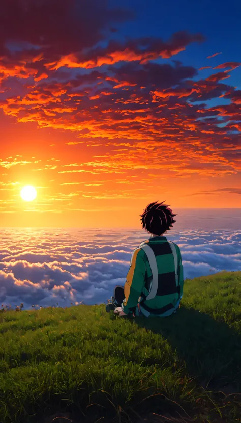 High quality, 8K Ultra HD. The image shows a boy sitting anime watching
The terrifying ocean at sunrise from a grassy hill, with a background of vibrant blue sky and red and orange hues of the sun. anime art wallpaper 4k, arte digital de Shen Che-Tsai, p...