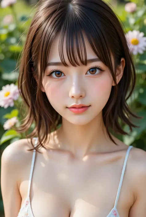 masterpiece , high quality, super detail, super high image quality, 8k，16k，32K, 最high quality , Detailed Faces, Detailed brown eyes， well-groomed eyebrows，18 year old girl，cute face, Bangs，wave hair，Half Smile  , Outdoors，Viewer

