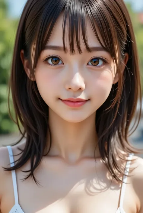 masterpiece , high quality, super detail, super high image quality, 8k，16k，32K, 最high quality , Detailed Faces, Detailed brown eyes， well-groomed eyebrows，18 year old girl，cute face, Bangs，wave hair，Half Smile  , Outdoors，Viewer
